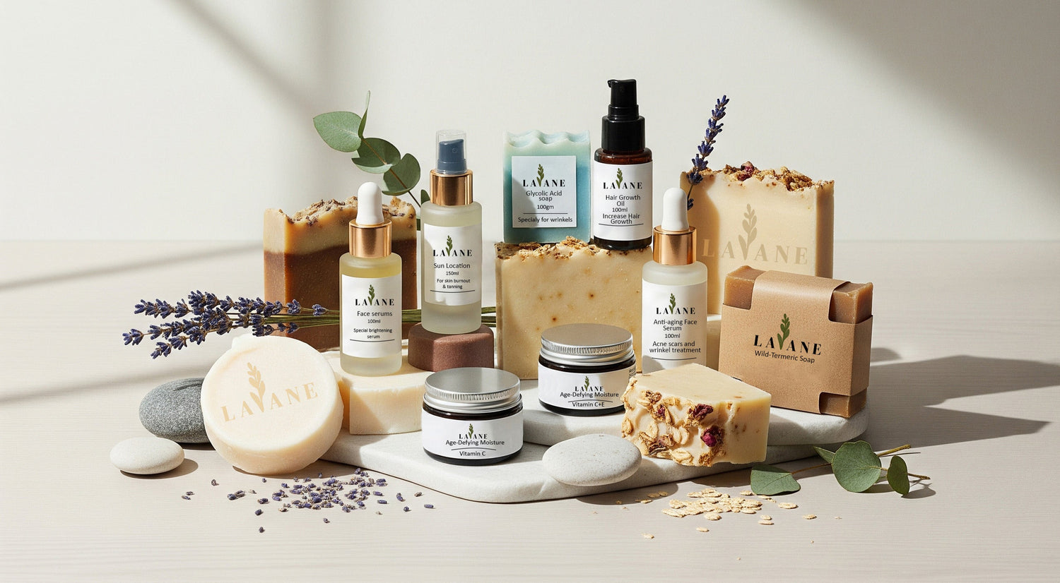 Collection of Lavane skincare and wellness products on a light surface with a soft background